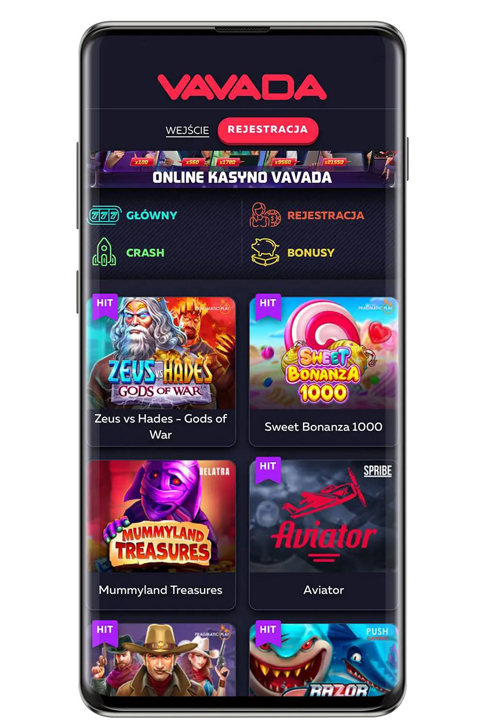 Vavada Casino – zrzut ekranu strony głównej